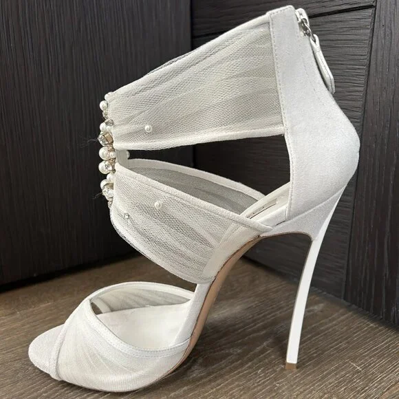 Casadei White Suede Organze Sandal Heel - Picture 2 of 8